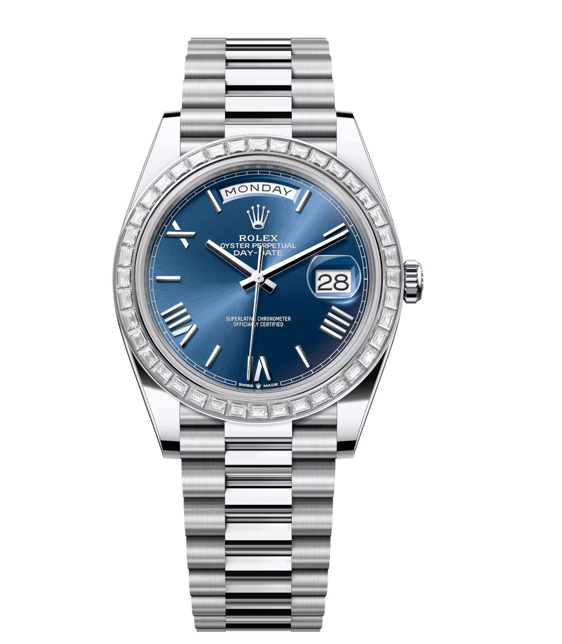 Rolex Day-Date 40 Oyster Perpetual platinum bright blue dial diamond-set bezel President band Reference 228396TBR 1 Rolex Day-Date 40 Oyster Perpetual platinum bright blue dial diamond-set bezel President band Reference 228396TBR