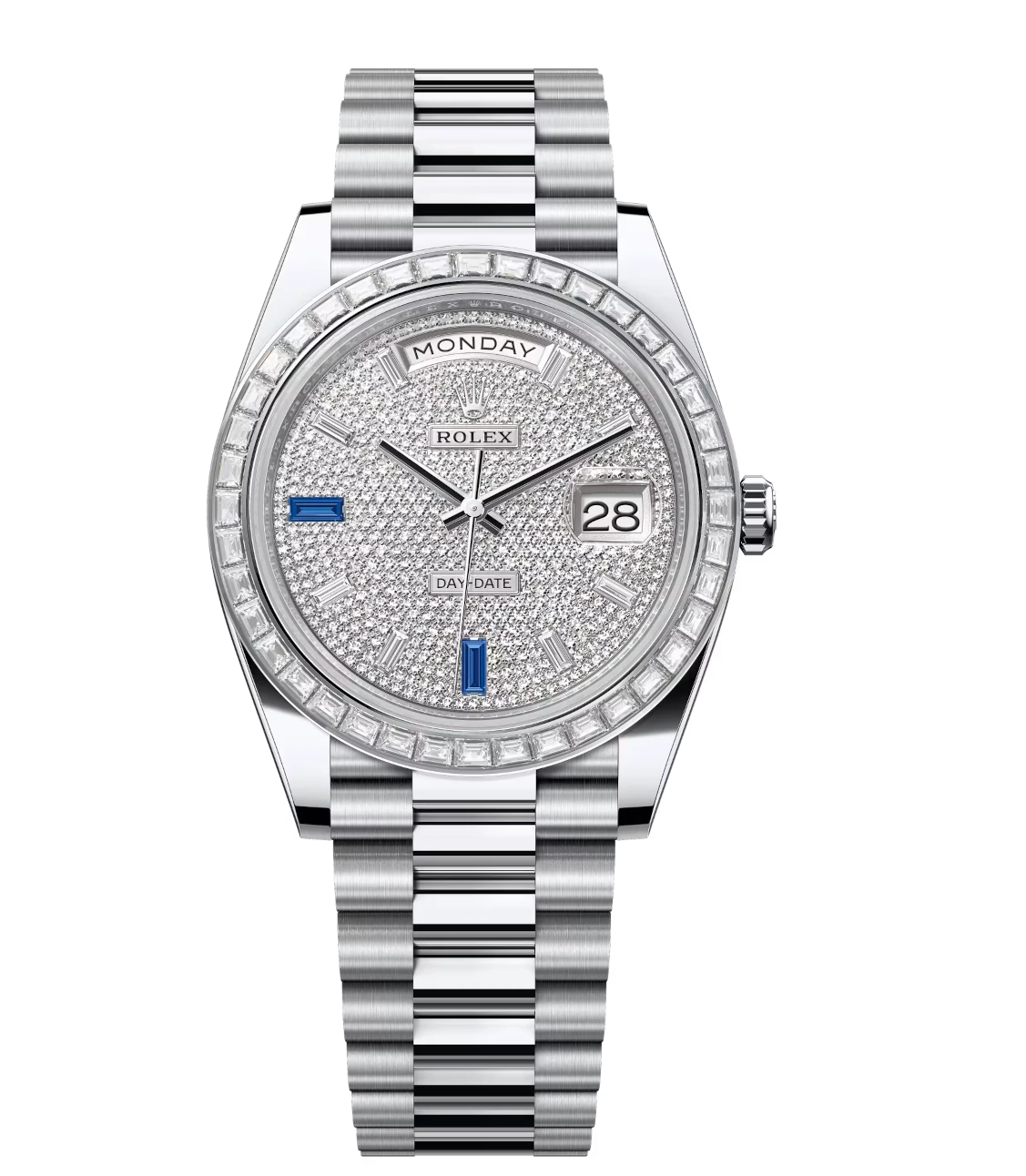Rolex Day-Date 40 Oyster Perpetual platinum bright diamond-paved dial diamond-set bezel President band Reference 228396TBR 1 Rolex Day-Date 40 Oyster Perpetual platinum bright diamond-paved dial diamond-set bezel President band Reference 228396TBR