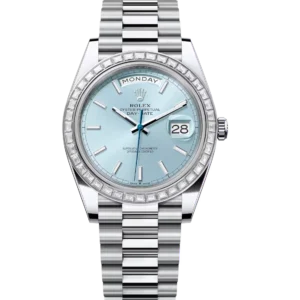 Rolex Day-Date 40 Oyster Perpetual platinum ice-blue dial diamond-set bezel President band Reference 228396TBR