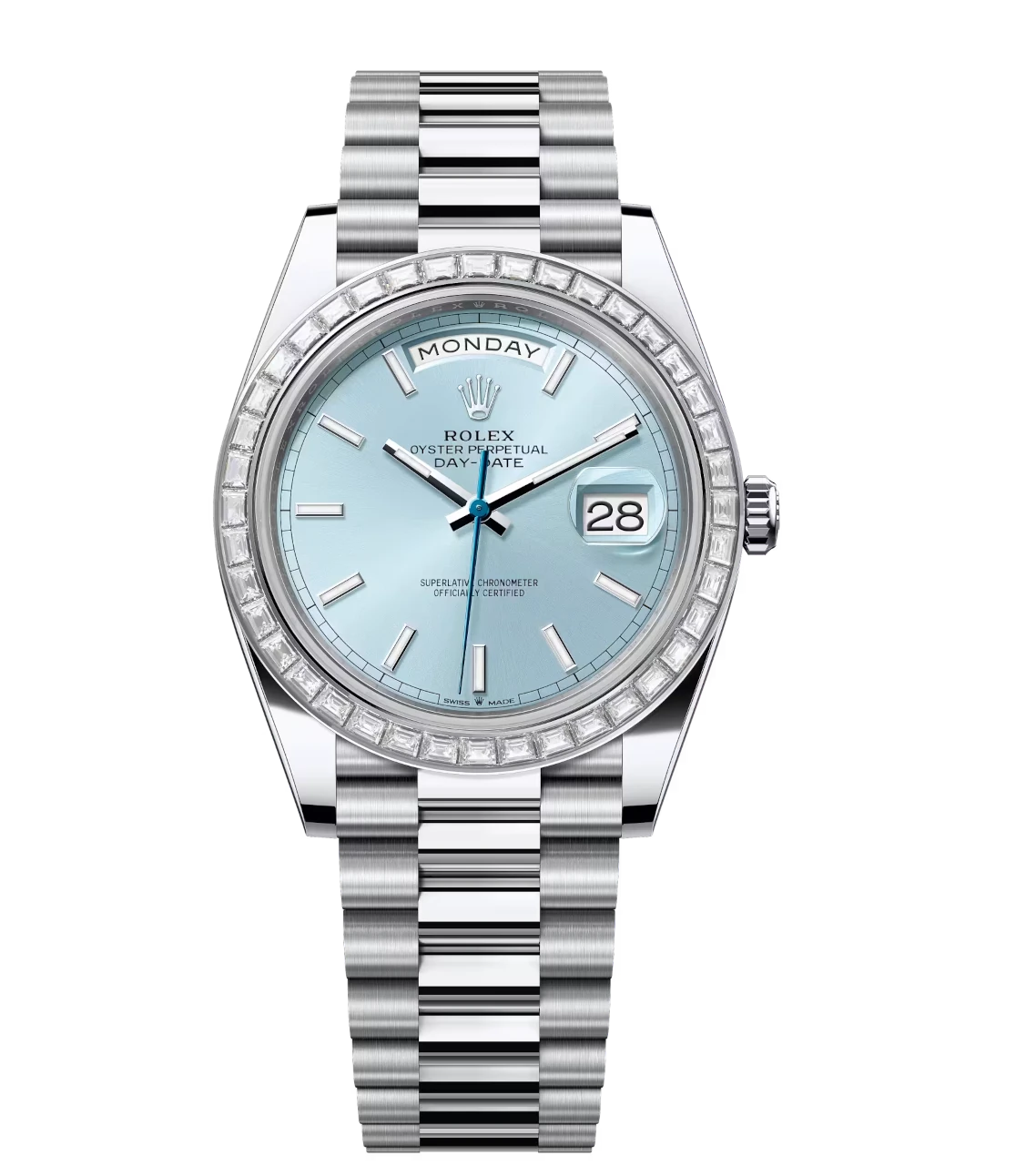 Rolex Day-Date 40 Oyster Perpetual platinum ice-blue dial diamond-set bezel President band Reference 228396TBR 1 Rolex Day-Date 40 Oyster Perpetual platinum ice-blue dial diamond-set bezel President band Reference 228396TBR
