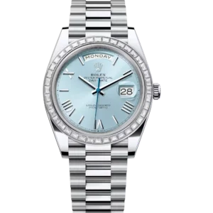 Rolex Day-Date 40 Oyster Perpetual platinum ice-blue dial diamond-set bezel President band Reference 228396TBR