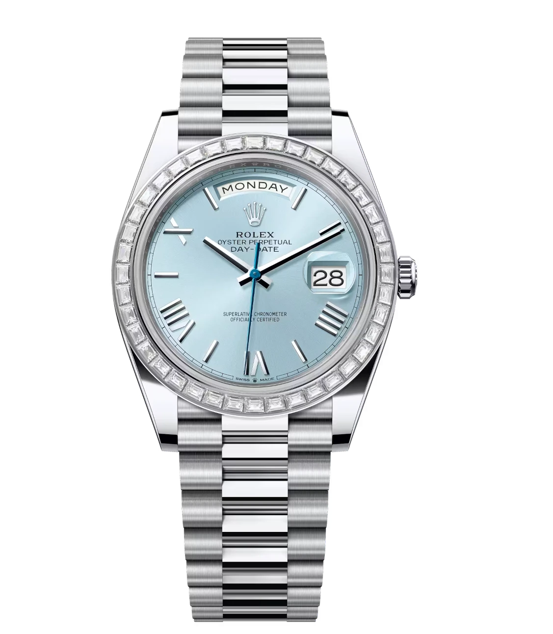 Rolex Day-Date 40 Oyster Perpetual platinum ice-blue dial diamond-set bezel President band Reference 228396TBR 1 Rolex Day-Date 40 Oyster Perpetual platinum ice-blue dial diamond-set bezel President band Reference 228396TBR
