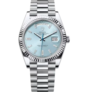 Rolex Day-Date 40 Oyster Perpetual platinum ice-blue, diamond-set dial fluted bezel President band Reference 228236