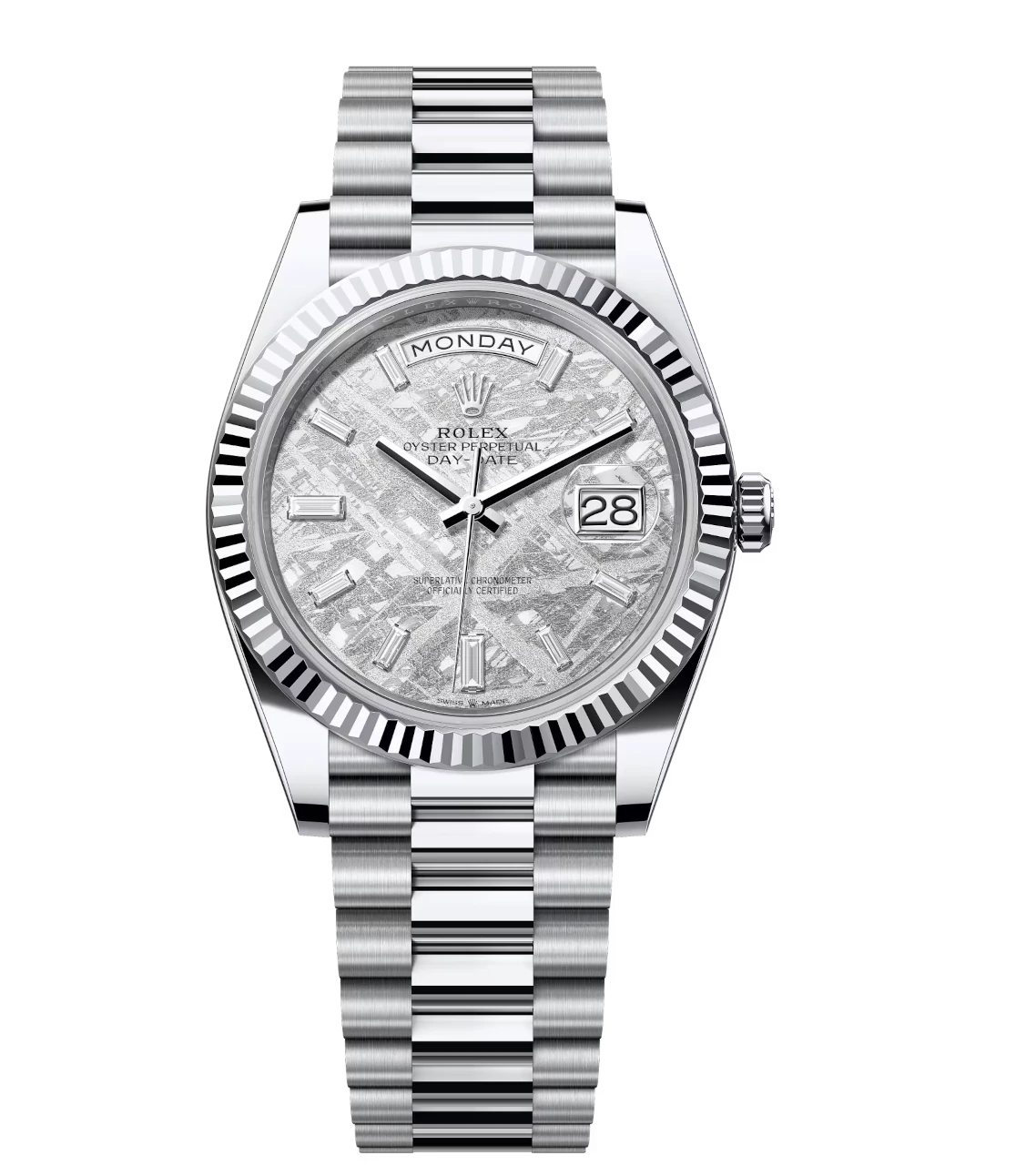 Rolex Day-Date 40 Oyster Perpetual platinum meteorite, diamond-set dial fluted bezel President band Reference 228236 1 Rolex Day-Date 40 Oyster Perpetual platinum meteorite, diamond-set dial fluted bezel President band Reference 228236