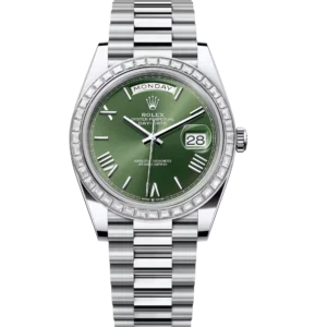 Rolex Day-Date 40 Oyster Perpetual platinum olive-green dial diamond-set bezel President band Reference 228396TBR