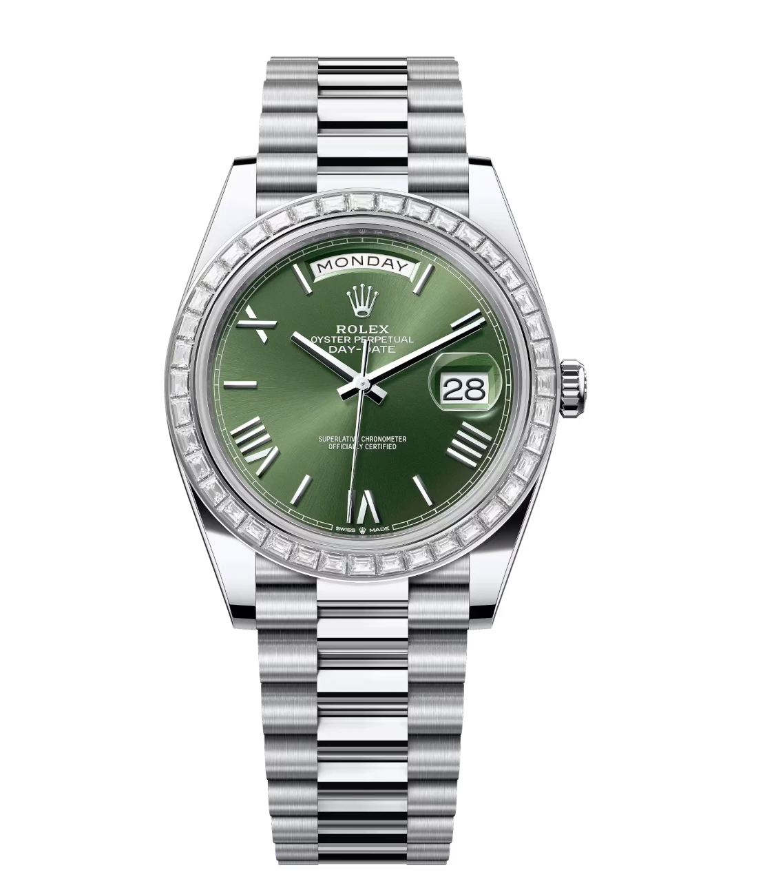 Rolex Day-Date 40 Oyster Perpetual platinum olive-green dial diamond-set bezel President band Reference 228396TBR 1 Rolex Day-Date 40 Oyster Perpetual platinum olive-green dial diamond-set bezel President band Reference 228396TBR