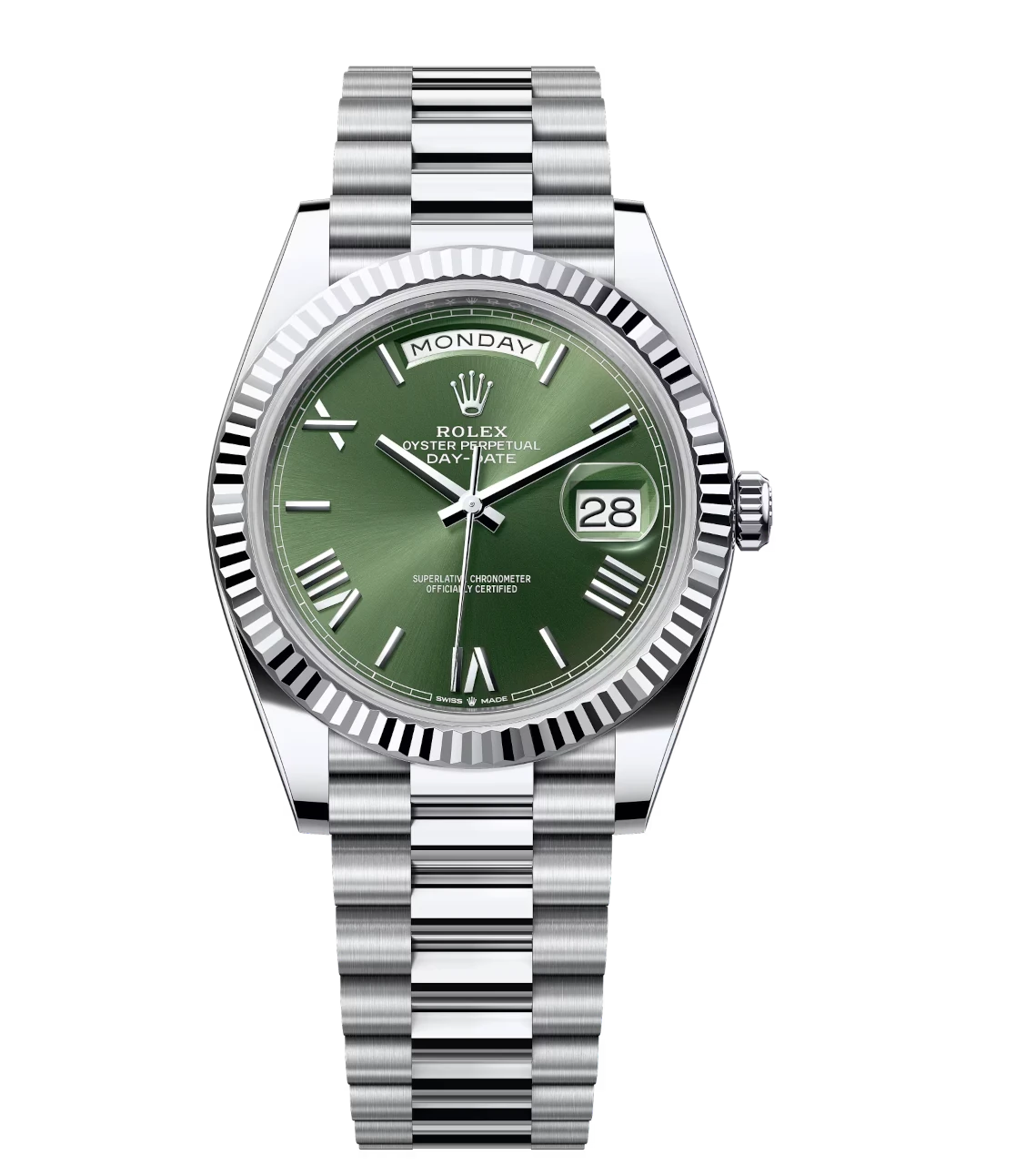 Rolex Day-Date 40 Oyster Perpetual platinum olive-green dial fluted bezel President band Reference 228236 1 Rolex Day-Date 40 Oyster Perpetual platinum olive-green dial fluted bezel President band Reference 228236