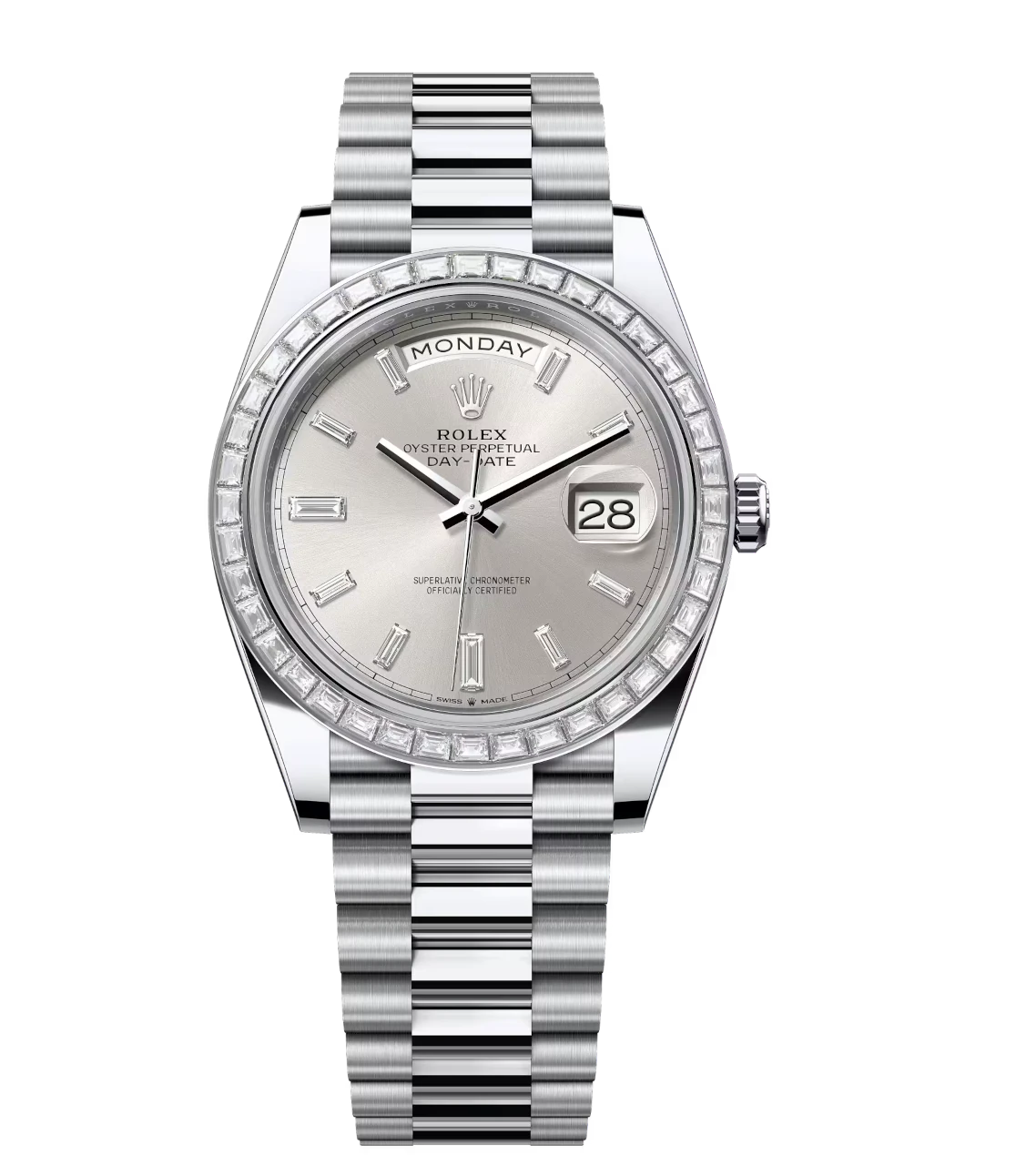 Rolex Day-Date 40 Oyster Perpetual platinum silver, diamond-set dial diamond-set bezel President band Reference 228396TBR 1 Rolex Day-Date 40 Oyster Perpetual platinum silver, diamond-set dial diamond-set bezel President band Reference 228396TBR