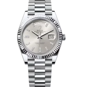 Rolex Day-Date 40 Oyster Perpetual platinum silver, diamond-set dial fluted bezel President band Reference 228236
