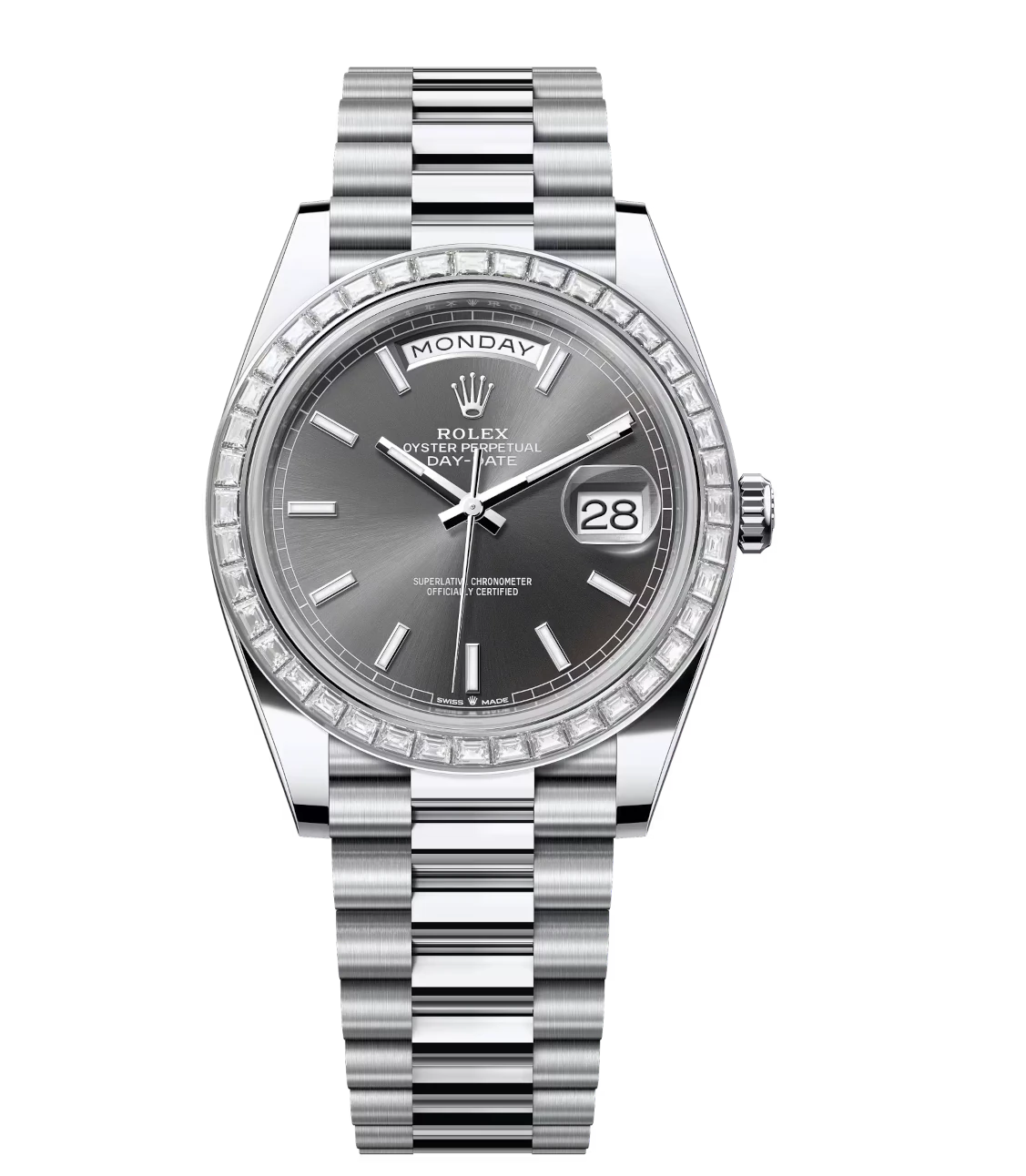 Rolex Day-Date 40 Oyster Perpetual platinum slate dial diamond-set bezel President band Reference 228396TBR 1 Rolex Day-Date 40 Oyster Perpetual platinum slate dial diamond-set bezel President band Reference 228396TBR