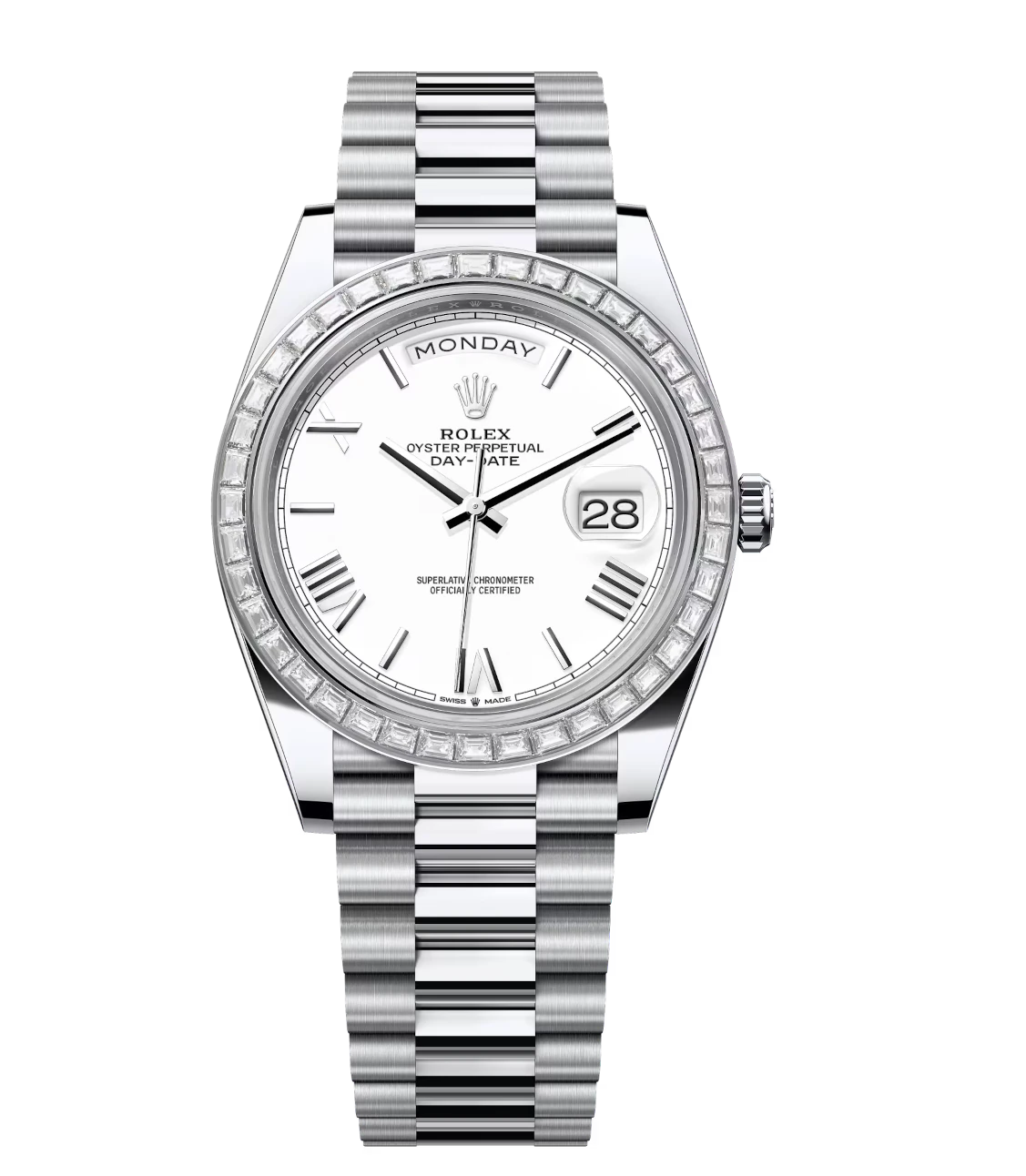 Rolex Day-Date 40 Oyster Perpetual platinum white dial diamond-set bezel President band Reference 228396TBR 1 Rolex Day-Date 40 Oyster Perpetual platinum white dial diamond-set bezel President band Reference 228396TBR
