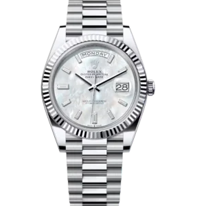 Rolex Day-Date 40 Oyster Perpetual platinum white mother-of-pearl, diamond-set dial fluted bezel President band Reference 228236