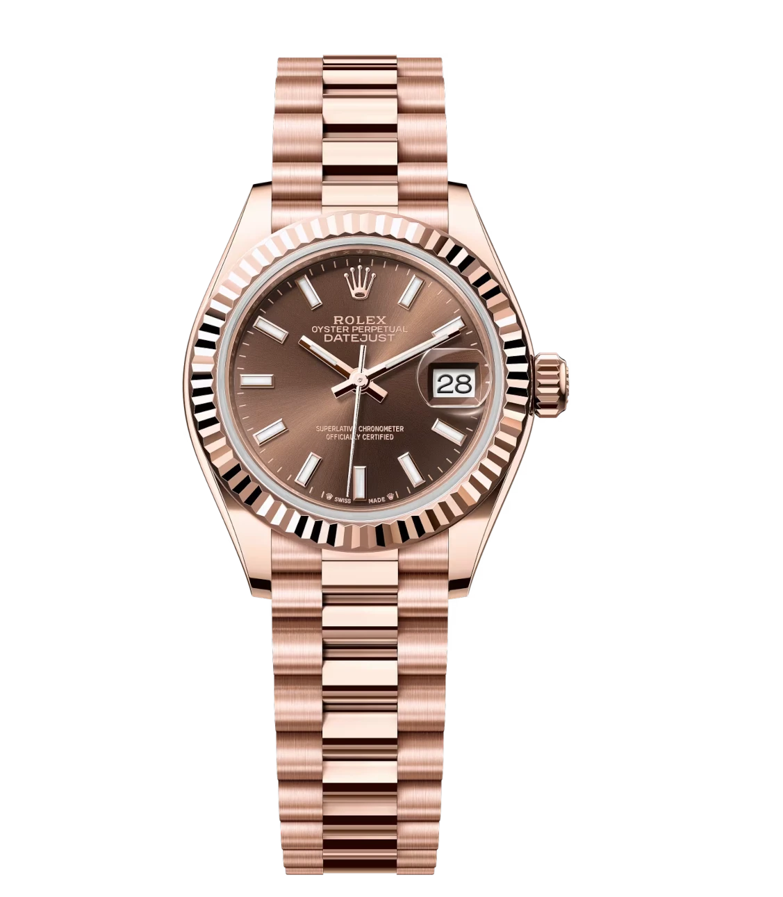Rolex Lady-Datejust 28 Oyster Perpetual 18 ct Everose gold chocolate dial President band Reference 279175 1 Rolex Lady-Datejust 28 Oyster Perpetual 18 ct Everose gold chocolate dial President band Reference 279175