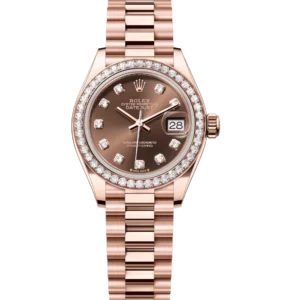 Rolex Lady-Datejust 28 Oyster Perpetual 18 ct Everose gold chocolate, diamond-set dial President band Reference 279135RBR