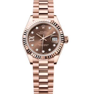 Rolex Lady-Datejust 28 Oyster Perpetual 18 ct Everose gold chocolate, diamond-set dial President band Reference 279175