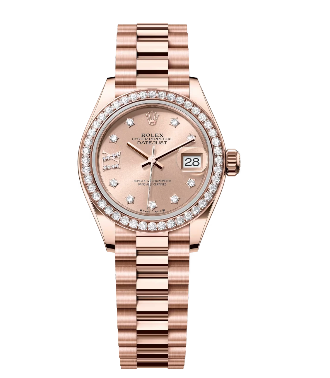 Rolex Lady-Datejust 28 Oyster Perpetual 18 ct Everose gold rosé colour, diamond-set dial President band Reference 279135RBR 1 Rolex Lady-Datejust 28 Oyster Perpetual 18 ct Everose gold rosé colour, diamond-set dial President band Reference 279135RBR