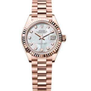 Rolex Lady-Datejust 28 Oyster Perpetual 18 ct Everose gold white mother-of-pearl, diamond-set dial President band Reference 279175