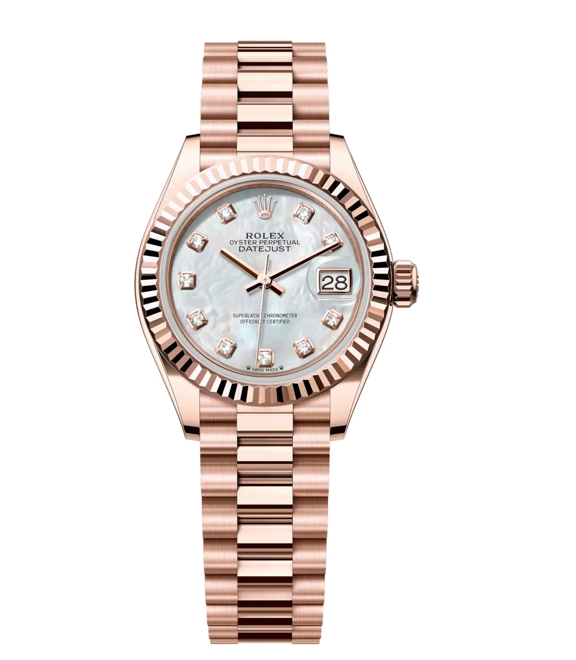 Rolex Lady-Datejust 28 Oyster Perpetual 18 ct Everose gold white mother-of-pearl, diamond-set dial President band Reference 279175 1 Rolex Lady-Datejust 28 Oyster Perpetual 18 ct Everose gold white mother-of-pearl, diamond-set dial President band Reference 279175