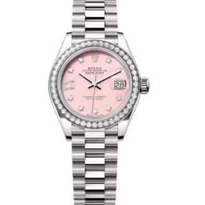 Rolex Lady-Datejust 28 Oyster Perpetual 18 ct white gold pink opal, diamond-set dial President band Reference 279139RBR