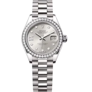 Rolex Lady-Datejust 28 Oyster Perpetual 18 ct white gold silver, diamond-set dial President band Reference 279139RBR