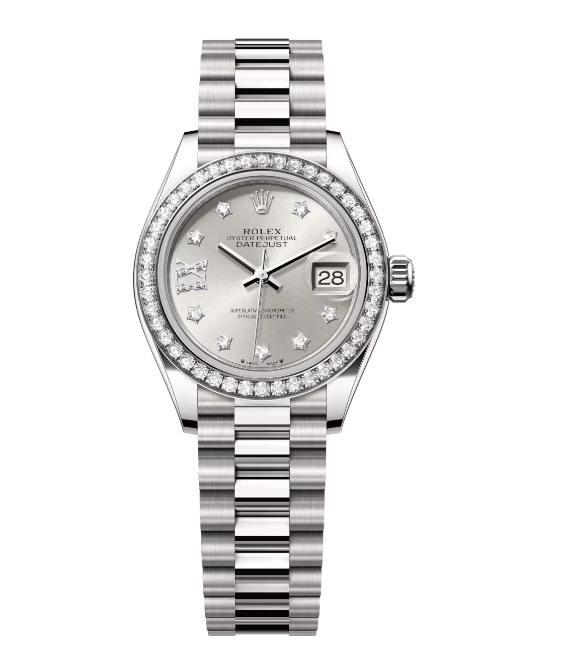 Rolex Lady-Datejust 28 Oyster Perpetual 18 ct white gold silver, diamond-set dial President band Reference 279139RBR 1 Rolex Lady-Datejust 28 Oyster Perpetual 18 ct white gold silver, diamond-set dial President band Reference 279139RBR
