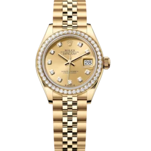 Rolex Lady-Datejust 28 Oyster Perpetual 18 ct yellow gold champagne colour, diamond-set dial Jubilee band Reference 279138RBR