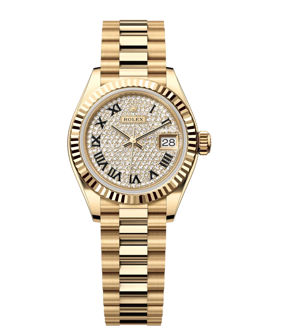 Rolex Lady-Datejust 28 Oyster Perpetual 18 ct yellow gold diamond-paved dial President band Reference 279178 1 Rolex Lady-Datejust 28 Oyster Perpetual 18 ct yellow gold diamond-paved dial President band Reference 279178