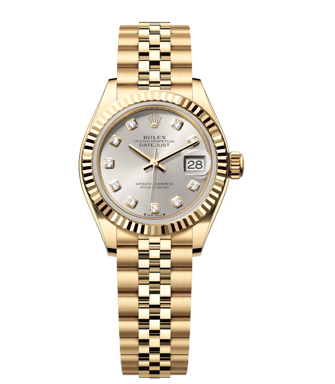 Rolex Lady-Datejust 28 Oyster Perpetual 18 ct yellow gold silver, diamond-set dial Jubilee band Reference 279178 1 Rolex Lady-Datejust 28 Oyster Perpetual 18 ct yellow gold silver, diamond-set dial Jubilee band Reference 279178
