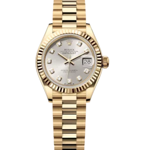 Home 4 Rolex Lady-Datejust 28 Oyster Perpetual 18 ct yellow gold silver, diamond-set dial President band Reference 279178