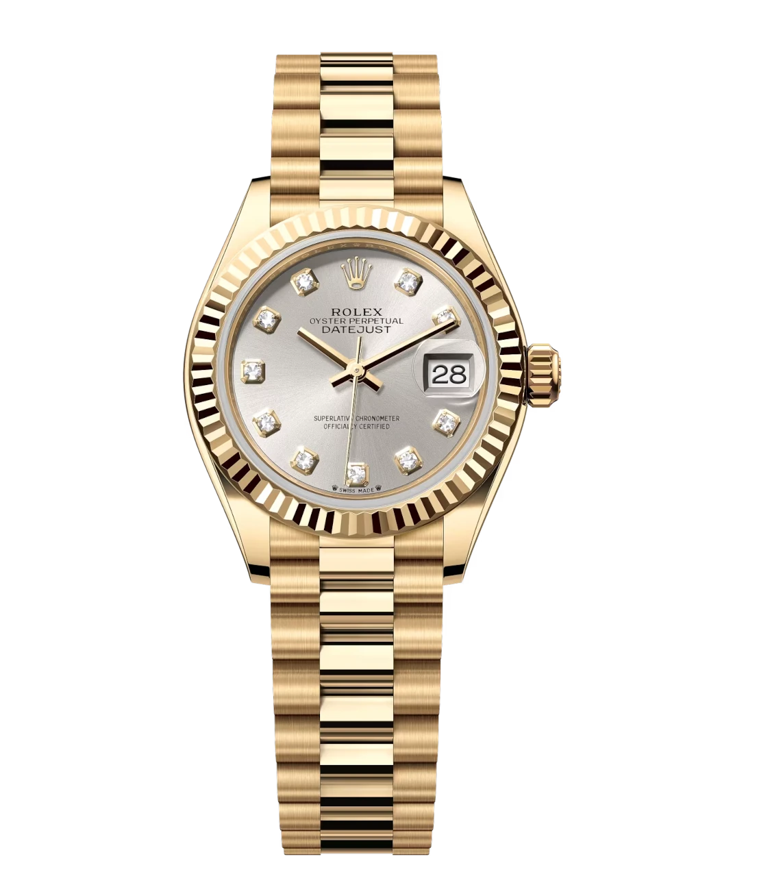 Rolex Lady-Datejust 28 Oyster Perpetual 18 ct yellow gold silver, diamond-set dial President band Reference 279178 1 Rolex Lady-Datejust 28 Oyster Perpetual 18 ct yellow gold silver, diamond-set dial President band Reference 279178