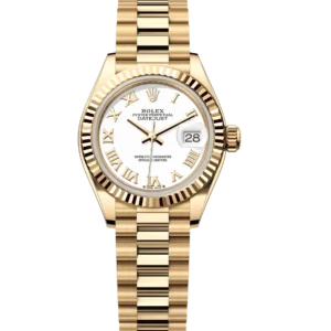Rolex Lady-Datejust 28 Oyster Perpetual 18 ct yellow gold white dial President band Reference 279178