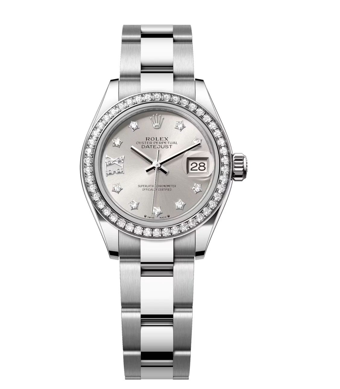 Rolex Lady-Datejust 28 Oyster Perpetual Oystersteel and white gold silver, diamond-set dial Oyster band Reference 279384RBR 1 Rolex Lady-Datejust 28 Oyster Perpetual Oystersteel and white gold silver, diamond-set dial Oyster band Reference 279384RBR