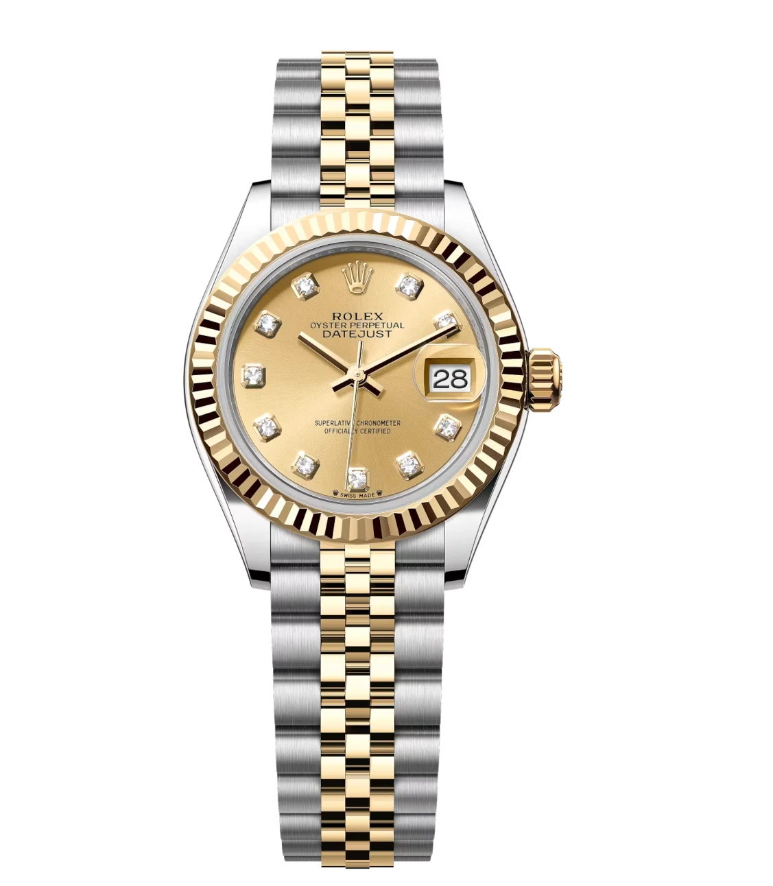 Rolex Lady-Datejust 28 Oyster Perpetual Oystersteel and yellow gold champagne colour, diamond-set dial Jubilee band Reference 279173 1 Rolex Lady-Datejust 28 Oyster Perpetual Oystersteel and yellow gold champagne colour, diamond-set dial Jubilee band Reference 279173